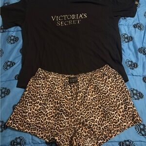 Victoria's Secret Black T-Shirt and Leopard Print Shorts Set